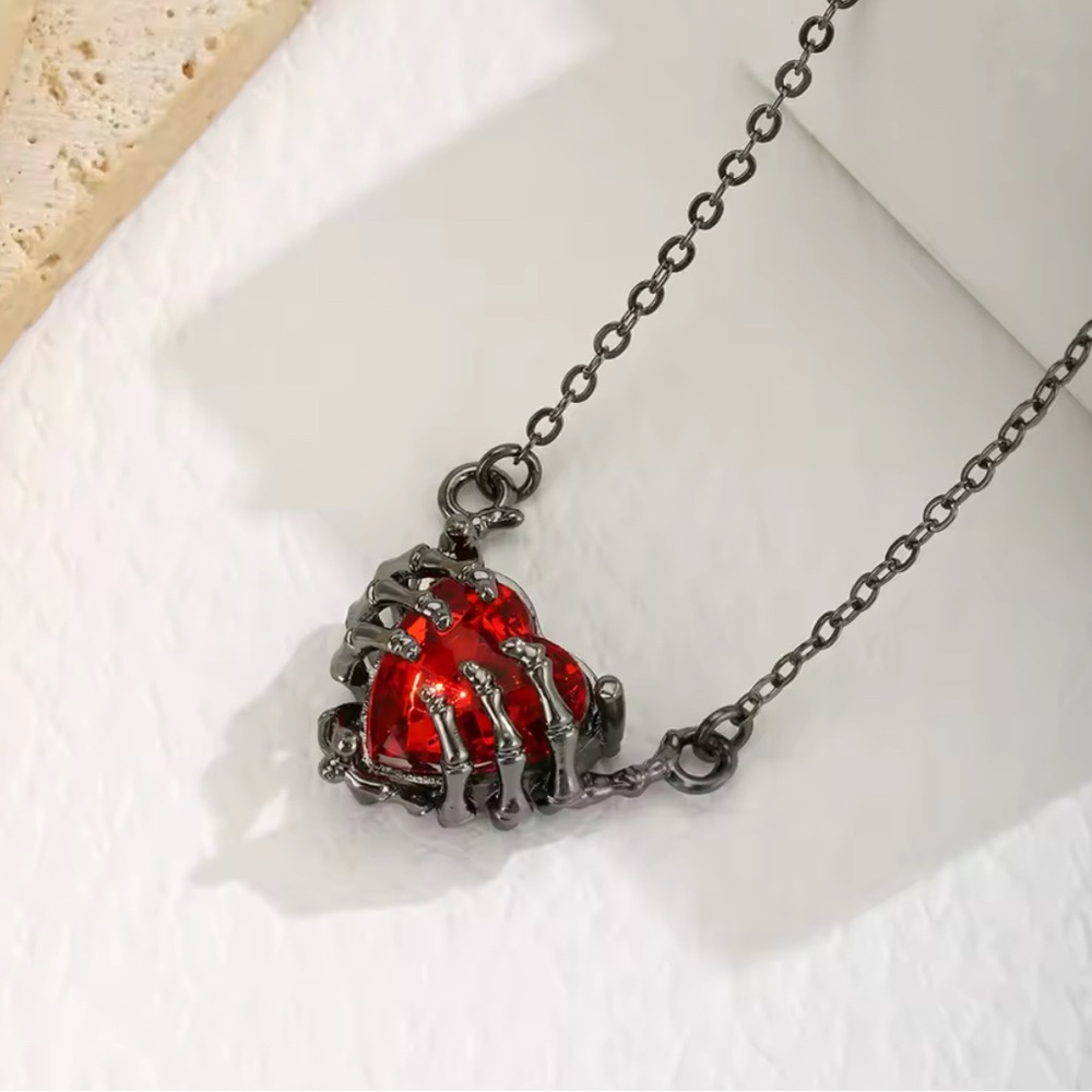 Black Gun Metal Rhodium Skeleton Hands Heart Necklace & Earrings Halloween Goth - Picture 7 of 12
